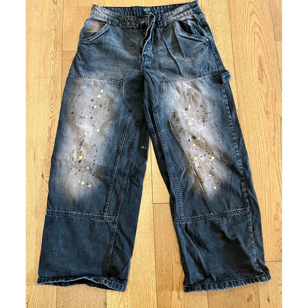 BoohooMAN Carpenter Jeans Men 34 Black Excellent Paint Splatter Wide Leg Pants